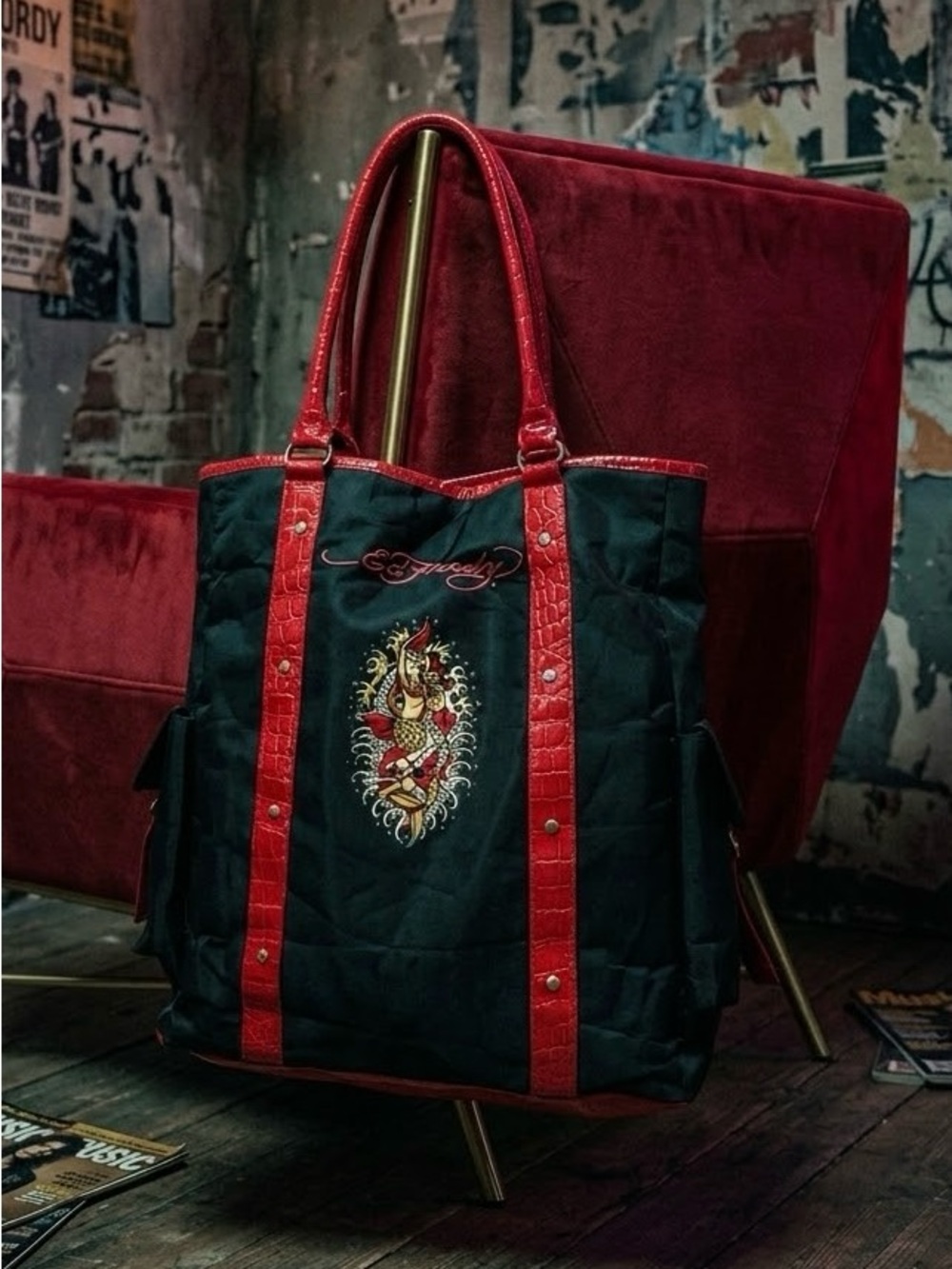 Ed Hardy Black Tote with Red Trim and Tattoo mermaid y2k perfection